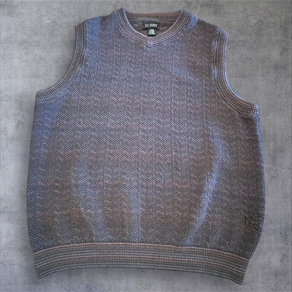 111 State Mens Sweater Vest Large Knit Sleeveless‎ Blue Gray Brown Blend